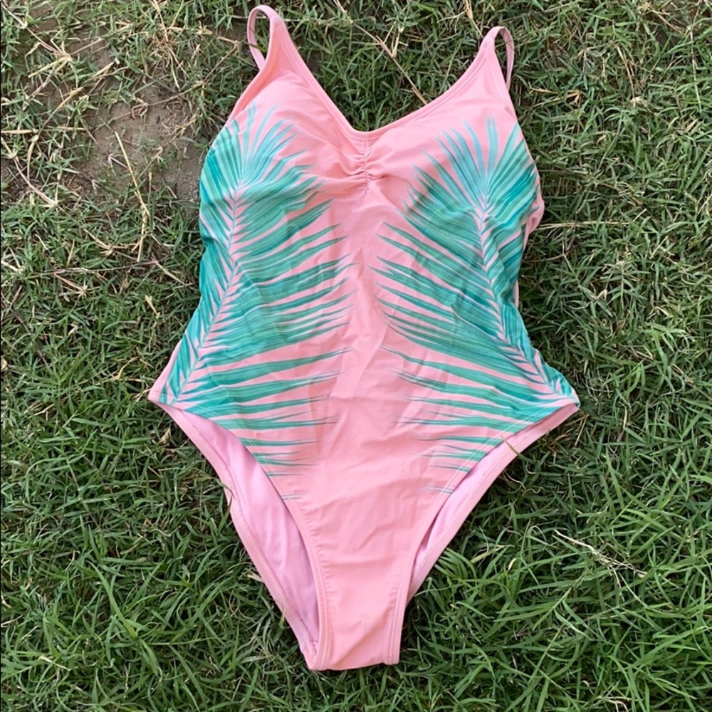 BABY PINK ONE PIECE SWIMSUIT WITH PALM LEAVES